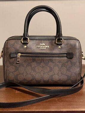 COACH Brown Signature Canvas Satchel with Black Trim and Gold Hardware